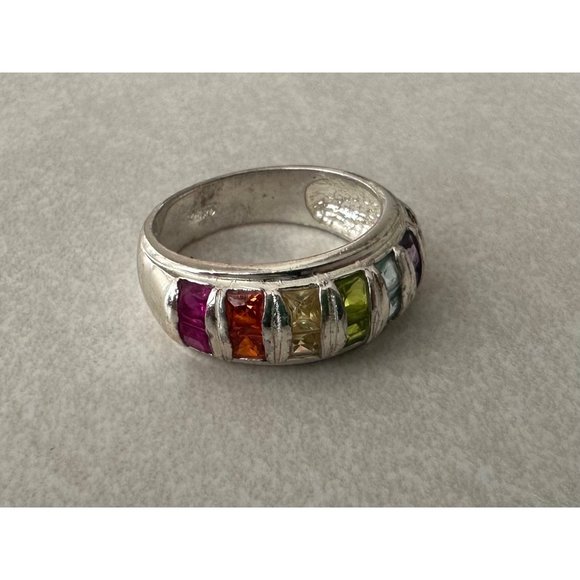925 sterling silver white gold plated rainbow 14 genuine gemstones ring - Picture 5 of 10